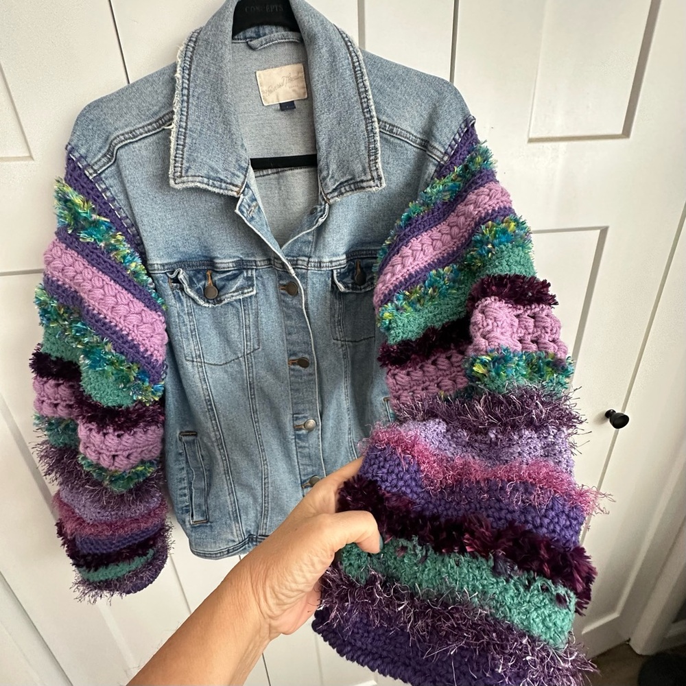 One of a Kind Upcycled  Denim Jacket with Hand Crocheted Sleeves - Picture 4 of 8